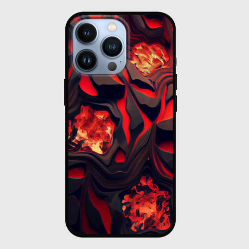Чехол для iPhone 13 Pro с принтом Застывающая лава черная с красным, вид спереди №1