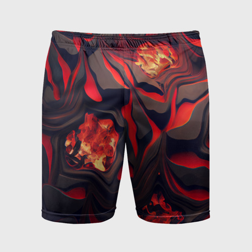 Мужские шорты спортивные с принтом Застывающая лава черная с красным, вид спереди №1