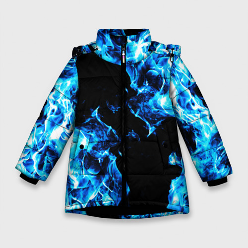 Зимняя куртка для девочек с принтом Красивый синий огонь, вид спереди №1