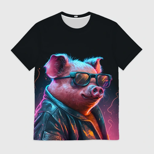 Мужская футболка 3D с принтом Свинья в очках, вид спереди #2