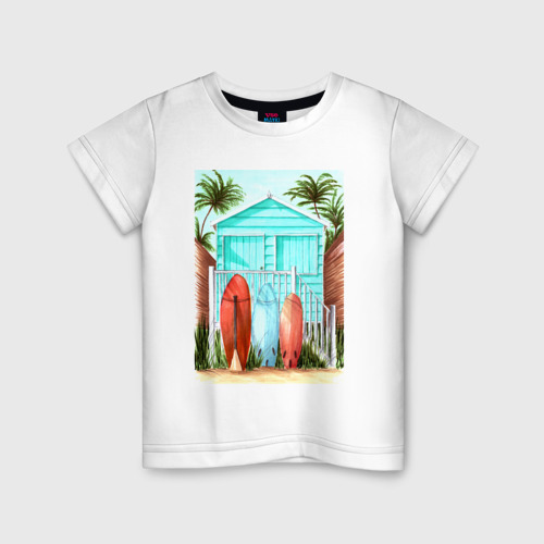 Детская футболка хлопок с принтом Плажный домик и серфы, вид спереди #2