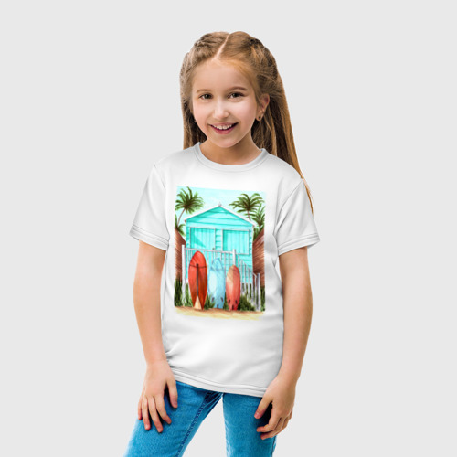 Детская футболка хлопок с принтом Плажный домик и серфы, вид сбоку #3