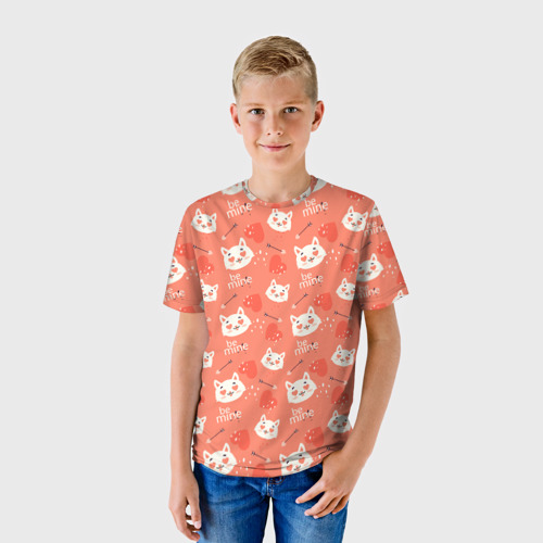 Детская футболка 3D с принтом Паттерн кот на персиковом фоне, фото на моделе #1