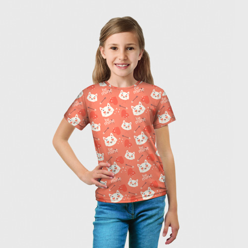 Детская футболка 3D с принтом Паттерн кот на персиковом фоне, вид сбоку #3