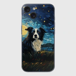 Чехол для iPhone 15 силиконовый с защитой камеры Бордер-колли в стиле Ван Гога