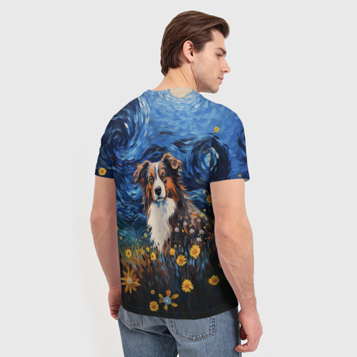 Мужская футболка 3D с принтом Австралийская овчарка в стиле Ван Гога, вид сзади #2