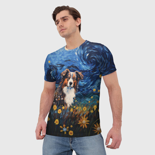 Мужская футболка 3D с принтом Австралийская овчарка в стиле Ван Гога, фото на моделе #1