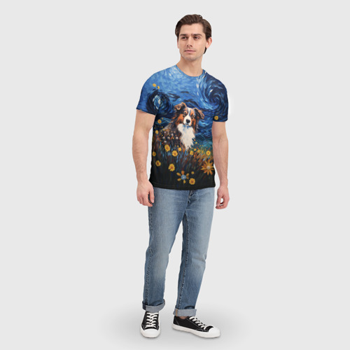 Мужская футболка 3D с принтом Австралийская овчарка в стиле Ван Гога, вид сбоку #3