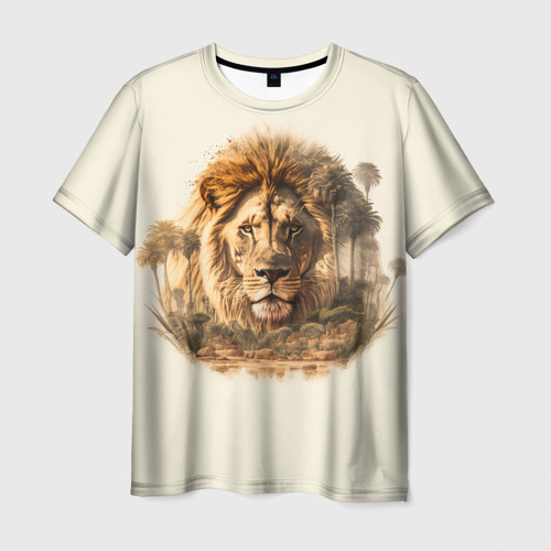 Мужская футболка с принтом Лев в зарослях саванны, вид спереди №1