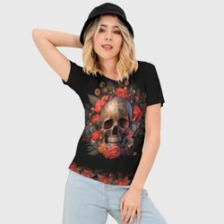 Женская футболка 3D Slim Череп украшенный цветами - фото 2