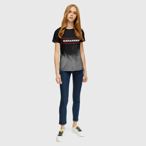 Женская футболка 3D с принтом Охранник - в красной рамке на темном, вид сбоку #3