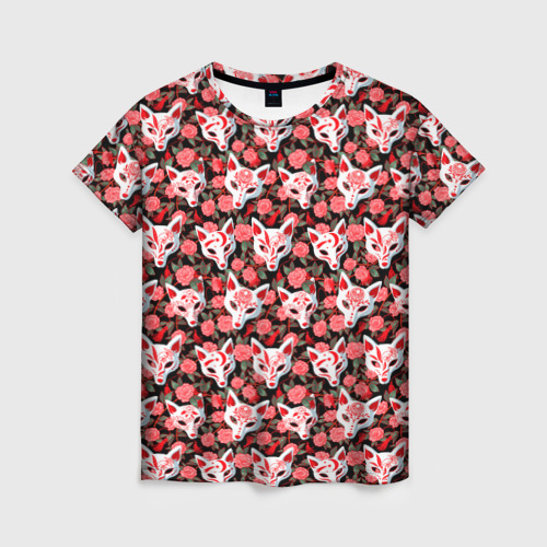 Женская футболка 3D с принтом Маски лисиц кицунэ и камелия на черном, вид спереди #2