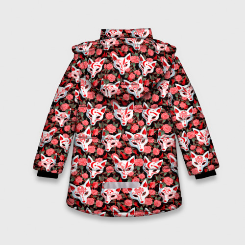 Зимняя куртка для девочек 3D с принтом Маски лисиц кицунэ и камелия на черном, вид сзади #1