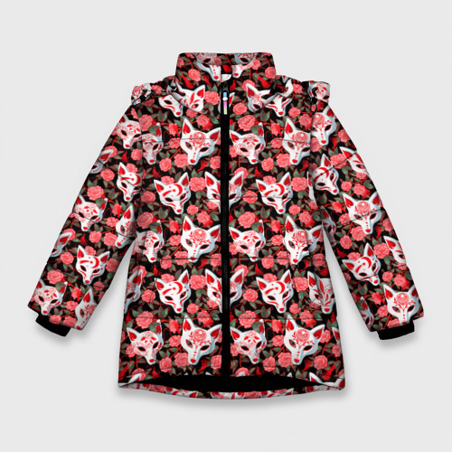 Зимняя куртка для девочек 3D с принтом Маски лисиц кицунэ и камелия на черном, вид спереди #2