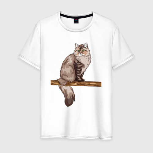 Мужская футболка из хлопка с принтом Сибирский кот, вид спереди №1