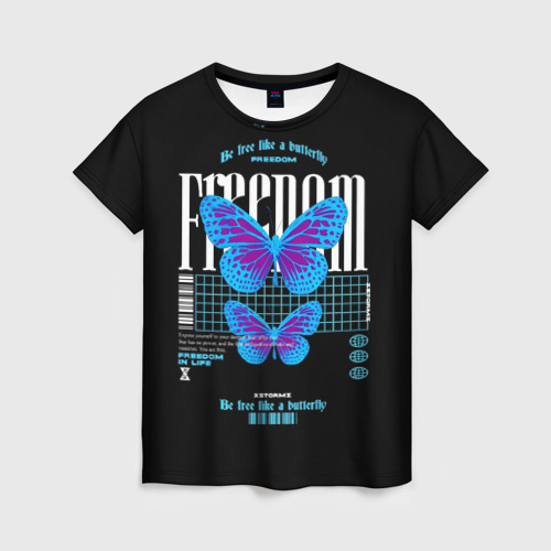 Женская футболка 3D с принтом Be free like a butterfly, вид спереди #2