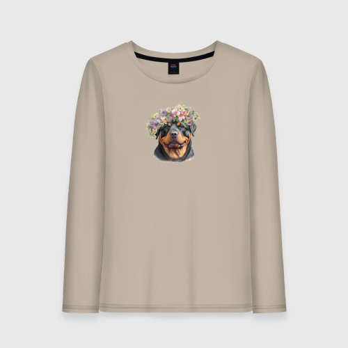 Женский лонгслив хлопок с принтом Весна: ротвейлер, вид спереди #2