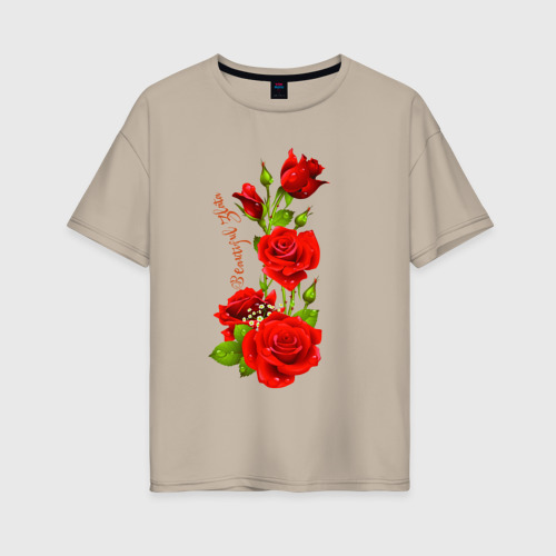 Женская футболка хлопок Oversize с принтом Прекрасная Злата - букет из роз, вид спереди #2