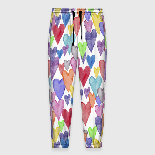 Мужские брюки 3D с принтом Разноцветные сердечки Калейдоскоп, вид спереди #2