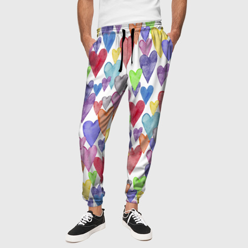 Мужские брюки 3D с принтом Разноцветные сердечки Калейдоскоп, вид сбоку #3