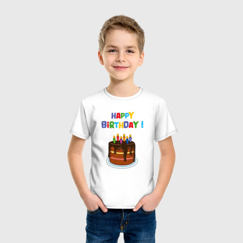 Детская футболка хлопок Шоколадный торт с днём рождения, цвет белый - фото 3
