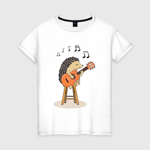 Женская футболка из хлопка с принтом Ёжик и гитара, вид спереди №1
