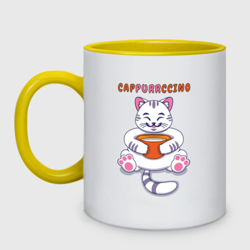 Кружка двухцветная с принтом Няшный котик с чашкой кофе cappurrccino, вид спереди #2