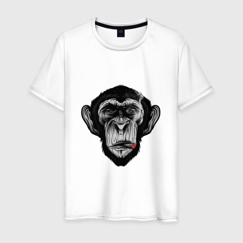 Мужская футболка из хлопка с принтом Шимпанзе с сигарой, вид спереди №1