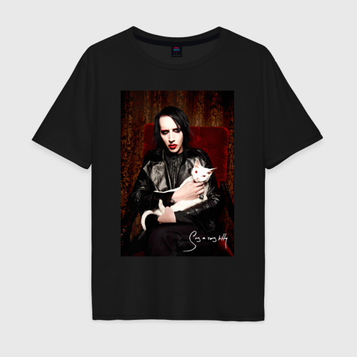 Мужская футболка хлопок Oversize Marilyn Manson - Sing a song kitty, цвет черный