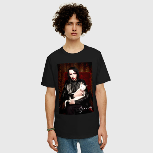 Мужская футболка хлопок Oversize Marilyn Manson - Sing a song kitty, цвет черный - фото 3