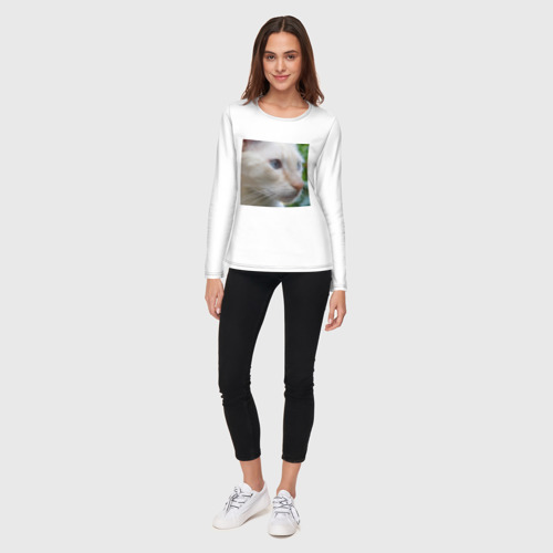 Женский лонгслив хлопок с принтом Мордочка белого кота, вид сбоку #3