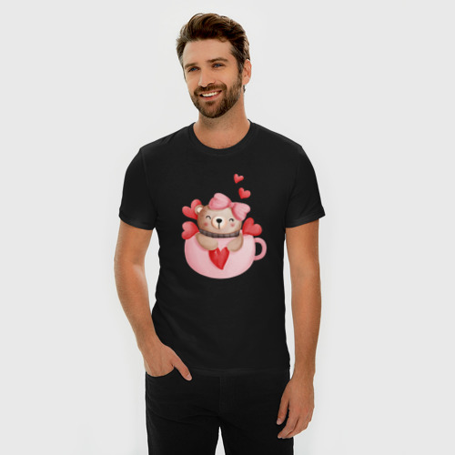 Мужская футболка хлопок Slim Мишка в кружке с сердечком, цвет черный - фото 3
