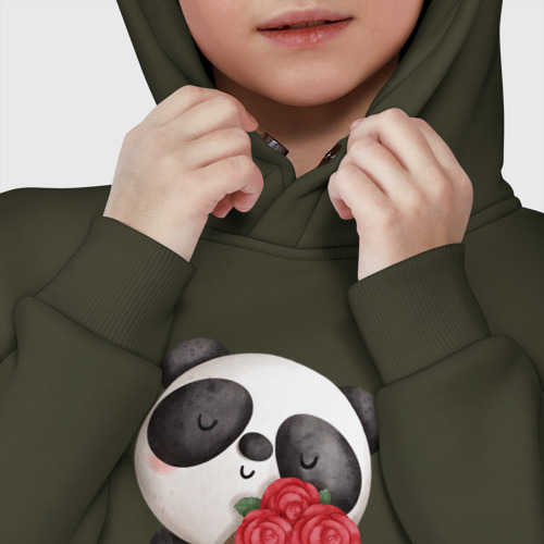 Детское худи Oversize хлопок Панда с букетом цветов, цвет хаки - фото 7