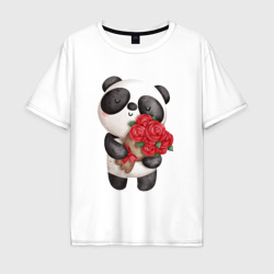 Мужская футболка хлопок Oversize Панда с букетом цветов