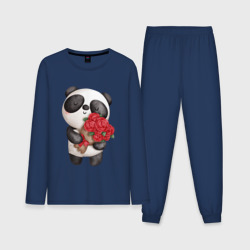 Мужская пижама с лонгсливом хлопок Панда с букетом цветов