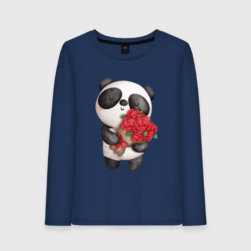 Женский лонгслив хлопок Панда с букетом цветов, цвет темно-синий