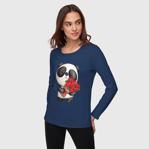Женский лонгслив хлопок Панда с букетом цветов, цвет темно-синий - фото 3