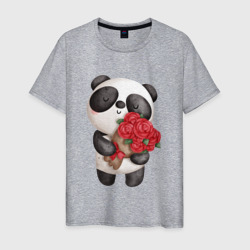Мужская футболка хлопок Панда с букетом цветов