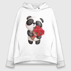 Женское худи Oversize хлопок Панда с букетом цветов