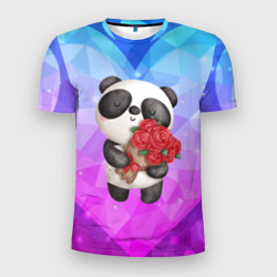 Мужская футболка 3D Slim Панда с букетом цветов