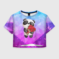 Женская футболка Crop-top 3D Панда с букетом цветов