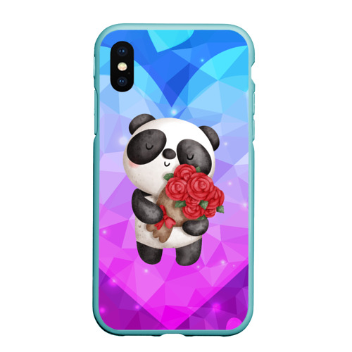 Чехол для iPhone XS Max матовый Панда с букетом цветов, цвет мятный