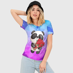 Женская футболка 3D Slim Панда с букетом цветов - фото 2