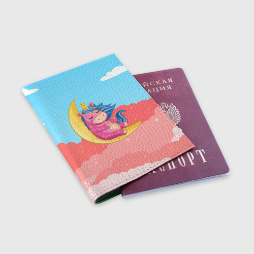 Обложка для паспорта матовая кожа Единорог на месяце, цвет зеленый - фото 3