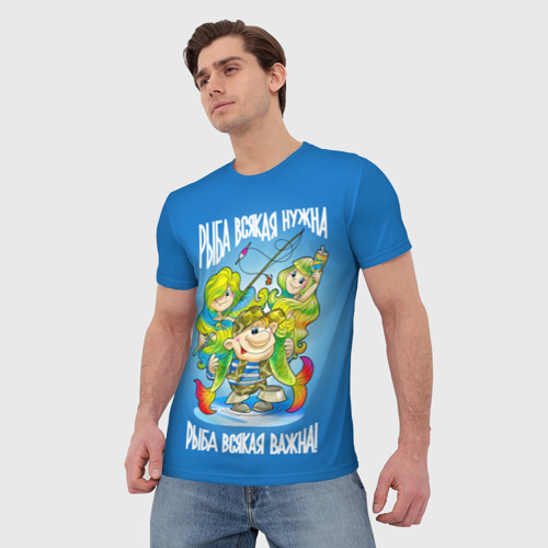 Мужская футболка 3D Рыбак с двумя русалками, цвет 3D печать - фото 3