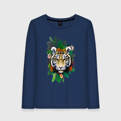 Женский лонгслив хлопок с принтом Голова Тигра среди листьев и цветов, Тигр символ 2022 года по китайскому гороскопу, вид спереди #2