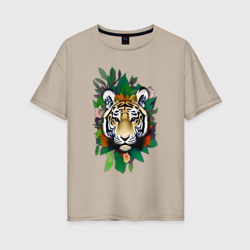 Женская футболка хлопок Oversize с принтом Голова Тигра среди листьев и цветов, Тигр символ 2022 года по китайскому гороскопу, вид спереди #2