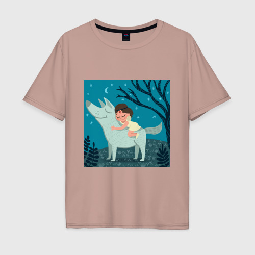 Мужская футболка хлопок Oversize с принтом Принцесса Мононоке и волк милая, вид спереди #2