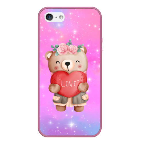 Чехол для iPhone 5/5S матовый Милый мишка с сердечком, цвет розовый