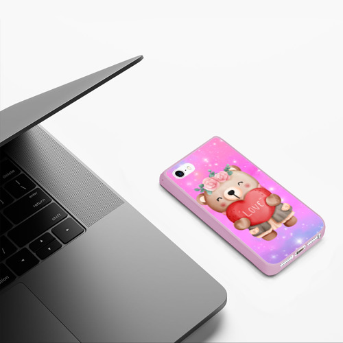 Чехол для iPhone 5/5S матовый Милый мишка с сердечком, цвет розовый - фото 5